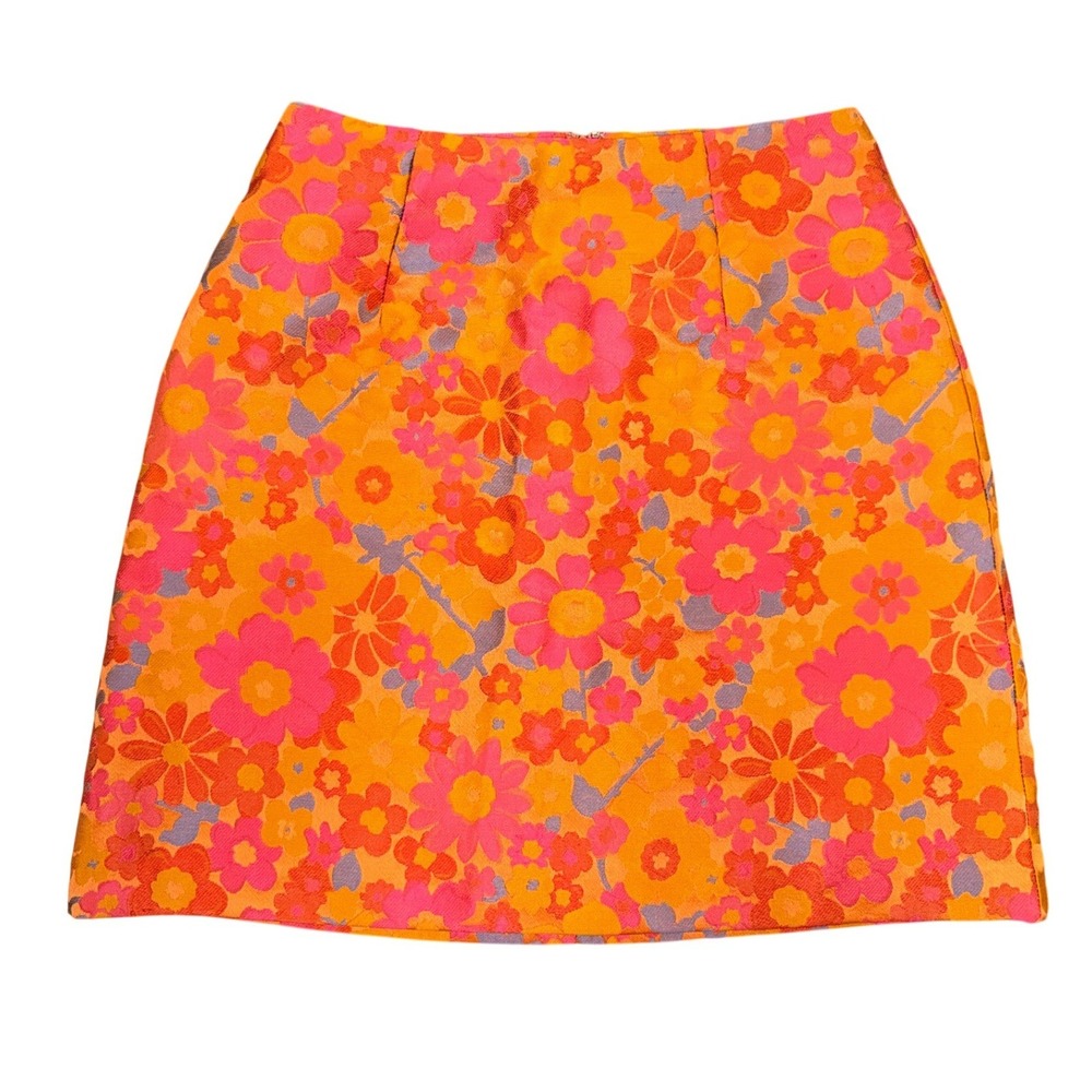 Anthropologie Hutch Daisy Floral Jacquard Mini Skirt Orange Pink Retro 60s XS
